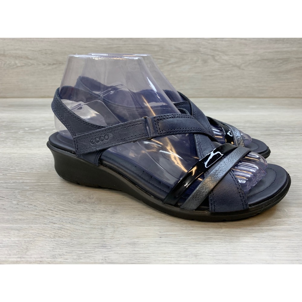 ECCO Women's Navy Blue Leather Wedge Sandals Slingback Size 37 EU 6-6.5 US